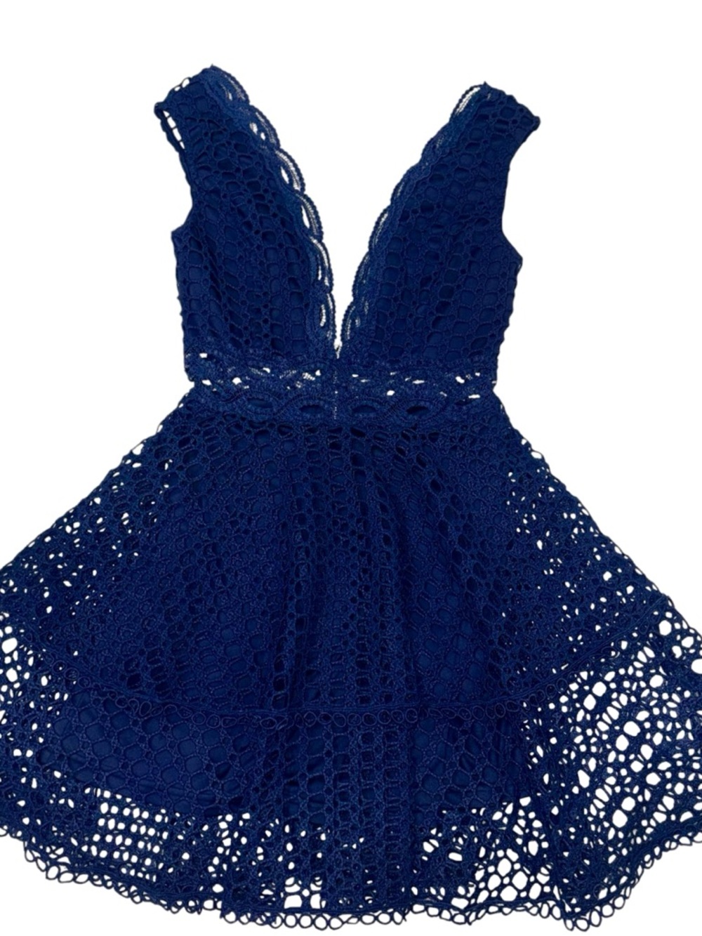 Mad For Love Navy Blue Academia Crochet Illusion Formal Low Back Midi Dress sz S